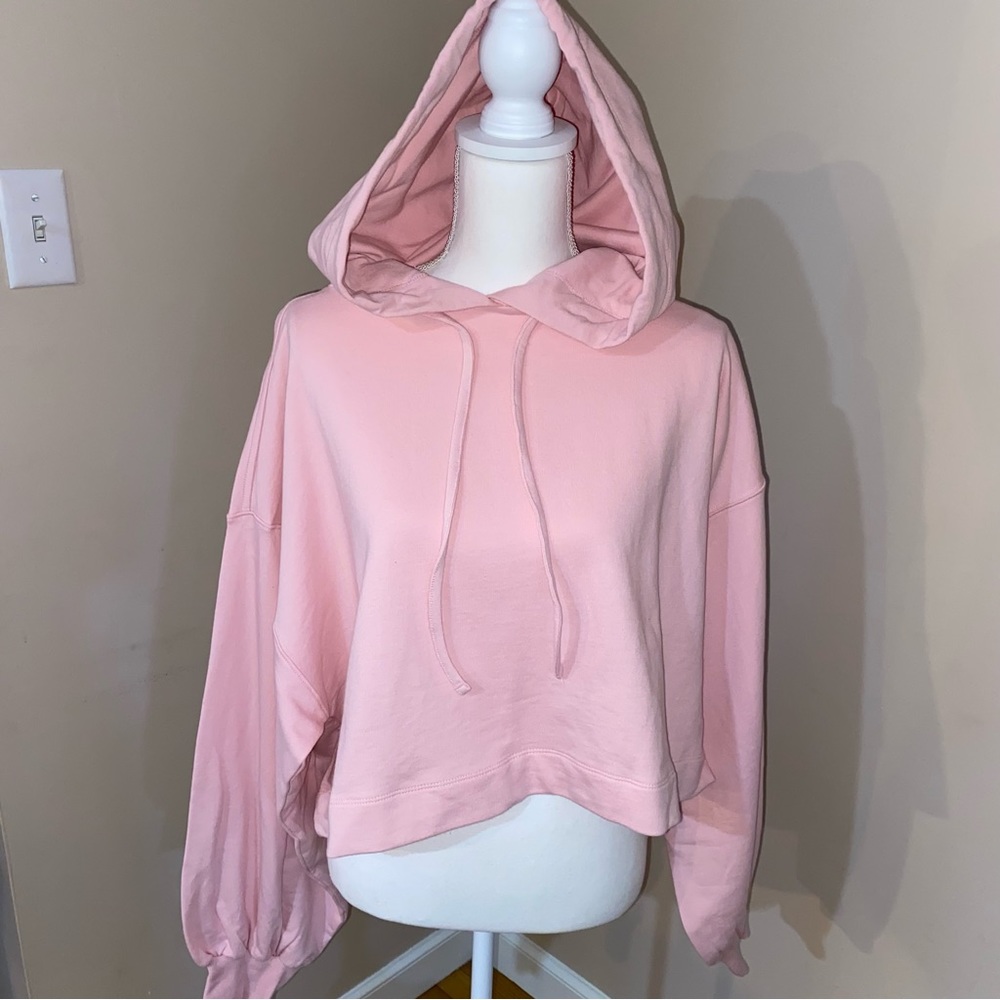 Summer Pink Plus Size Cropped Puffy Sleeve Hoodie Sweatshirt